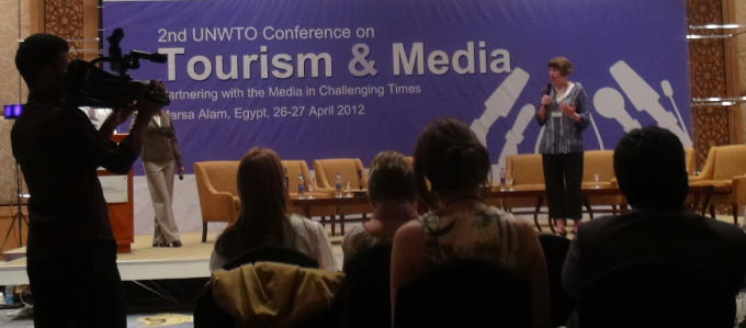 Erica Hargreave speaking on 'Real Time' Storytelling at the UNWTO Conference on Working with Media in Challenging Times.